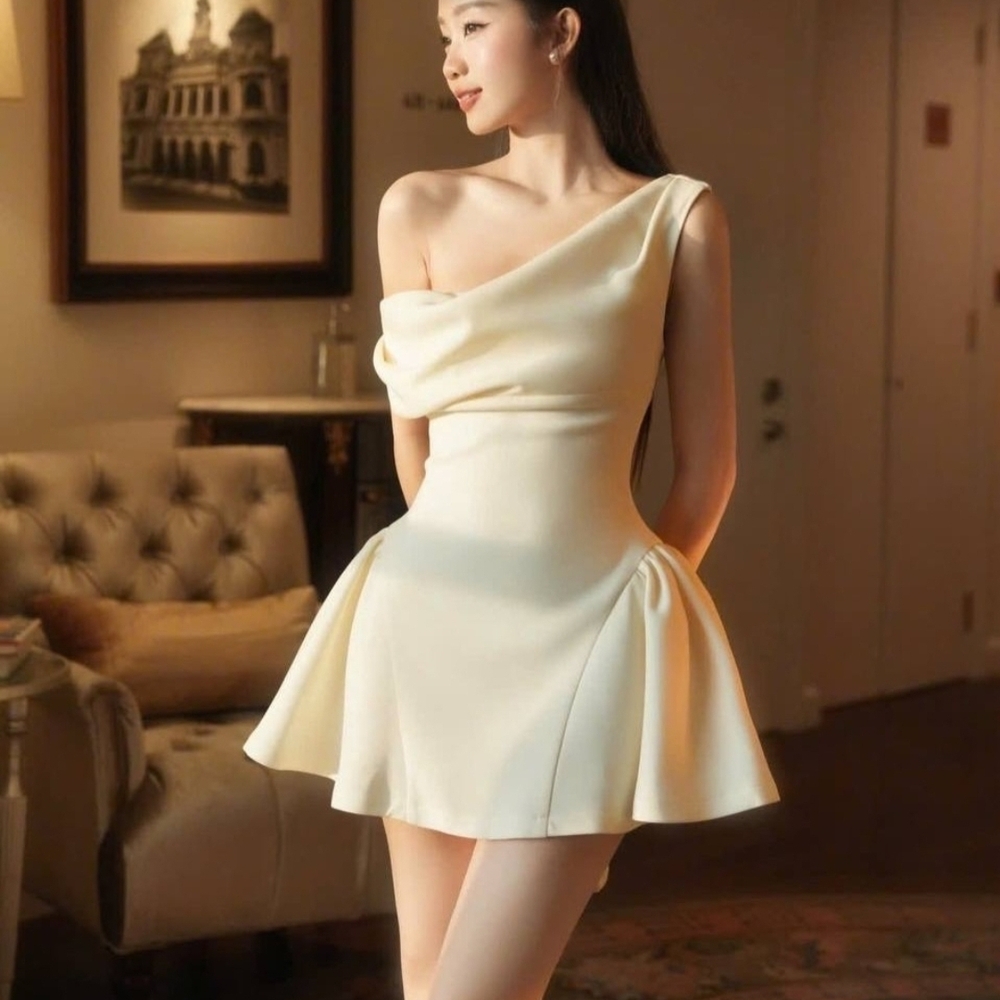 Chic One-Shoulder Cream Dress